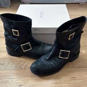 Jimmy Choo black Youth Biker Leather Unlined moto boots women's size EUR 38/US 8